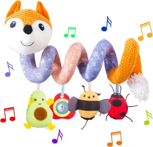 Car Seat Toys, Infant Baby Orange Fox Spiral Plush Activity Hanging Toys for Car Seat Stroller Bar Crib Bassinet Mobile with Music Box BB Squeaker and Rattles（Orange）