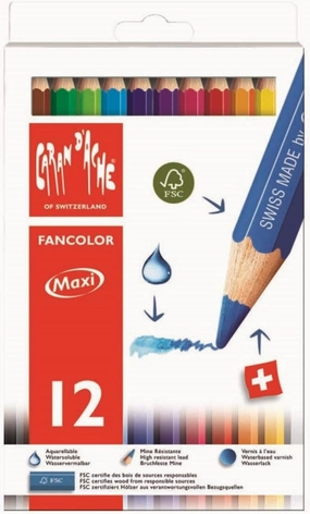 Caran d'Ache Fancolor Color Pencils, 12 Colors, Maxi Diameter