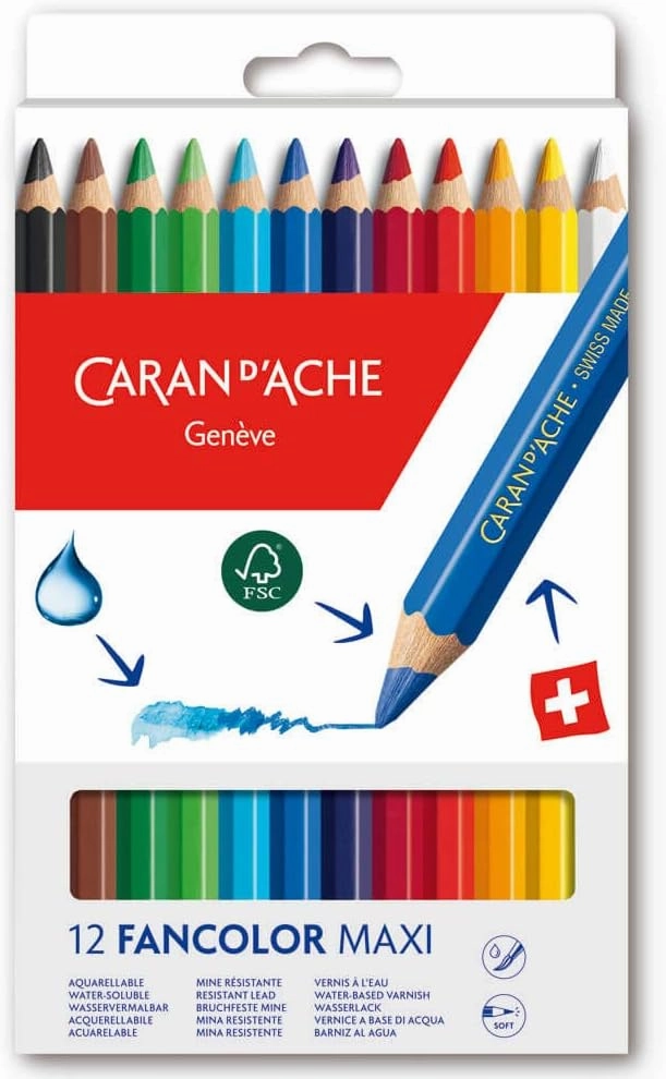 Caran d'Ache Fancolor Color Pencils, 12 Colors, Maxi Diameter