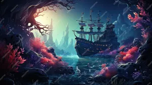 Cartoon Underwater Background with sea Fish Sunken Ship Ancient Ruins and Treasure Vector of deep seafloor Jigsaw Puzzles 1000 Pieces Games Toys Best Gift for Adults and Kids