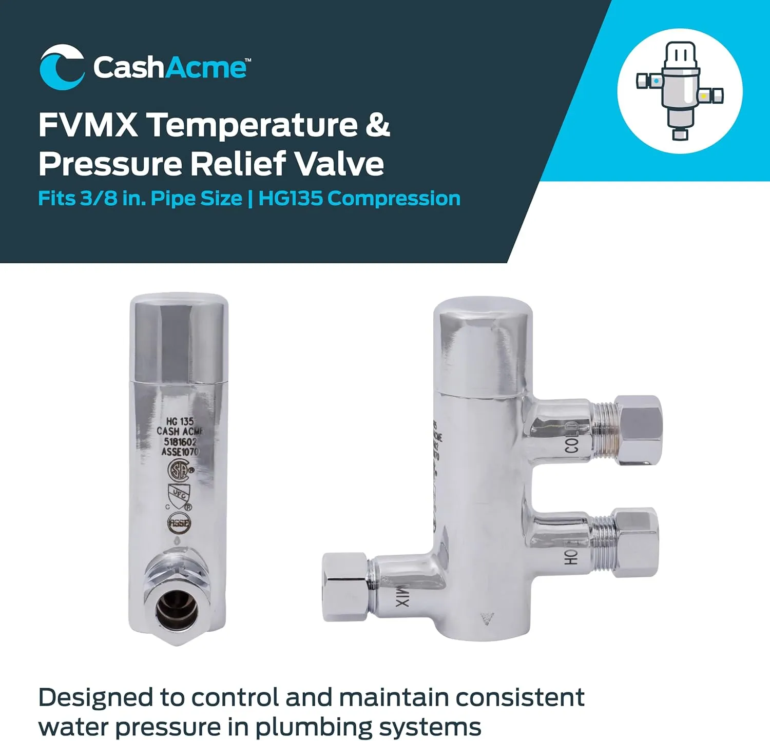 Cash Acme 3/8 Inch HG135 Thermostatic Mixing Valve with Compression Connections and Integral Checks, Brass Plumbing Fitting, 25686