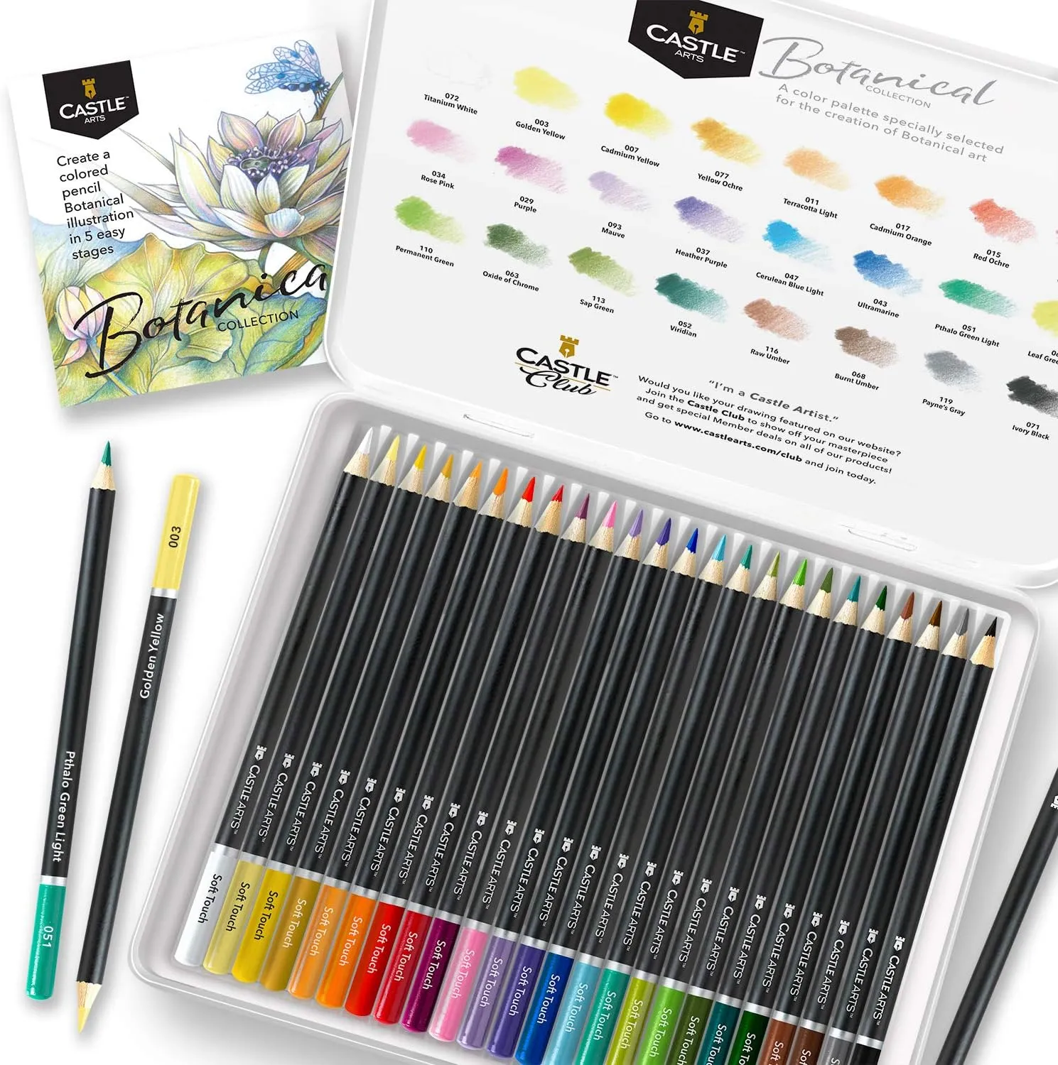 Castle Arts Themed 24 Coloured Pencil Set in Tin Box, perfect colours for ‘Botanical’ Art. Featuring quality, smooth coloured cores, superior blending & layering performance for great results