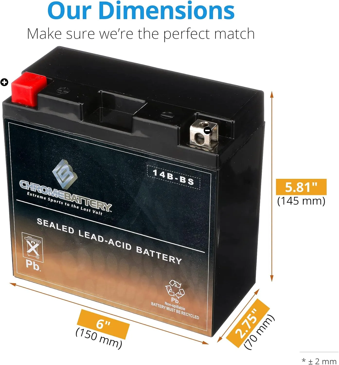 CB CHROMEBATTERY YT14B-BS Maintenance-Free 12V 13Ah Battery Replacement for ATV, Motorcycle, Jet Skis, Scooter, UTV, and More - Nut and Bolt (T3) Terminal