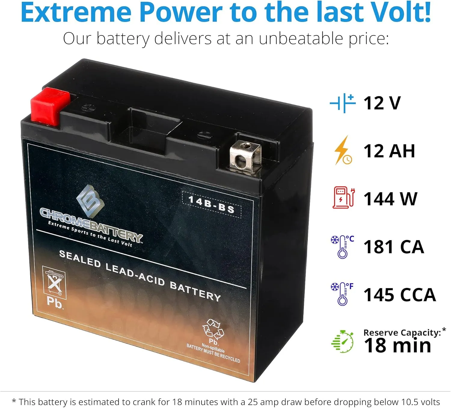 CB CHROMEBATTERY YT14B-BS Maintenance-Free 12V 13Ah Battery Replacement for ATV, Motorcycle, Jet Skis, Scooter, UTV, and More - Nut and Bolt (T3) Terminal