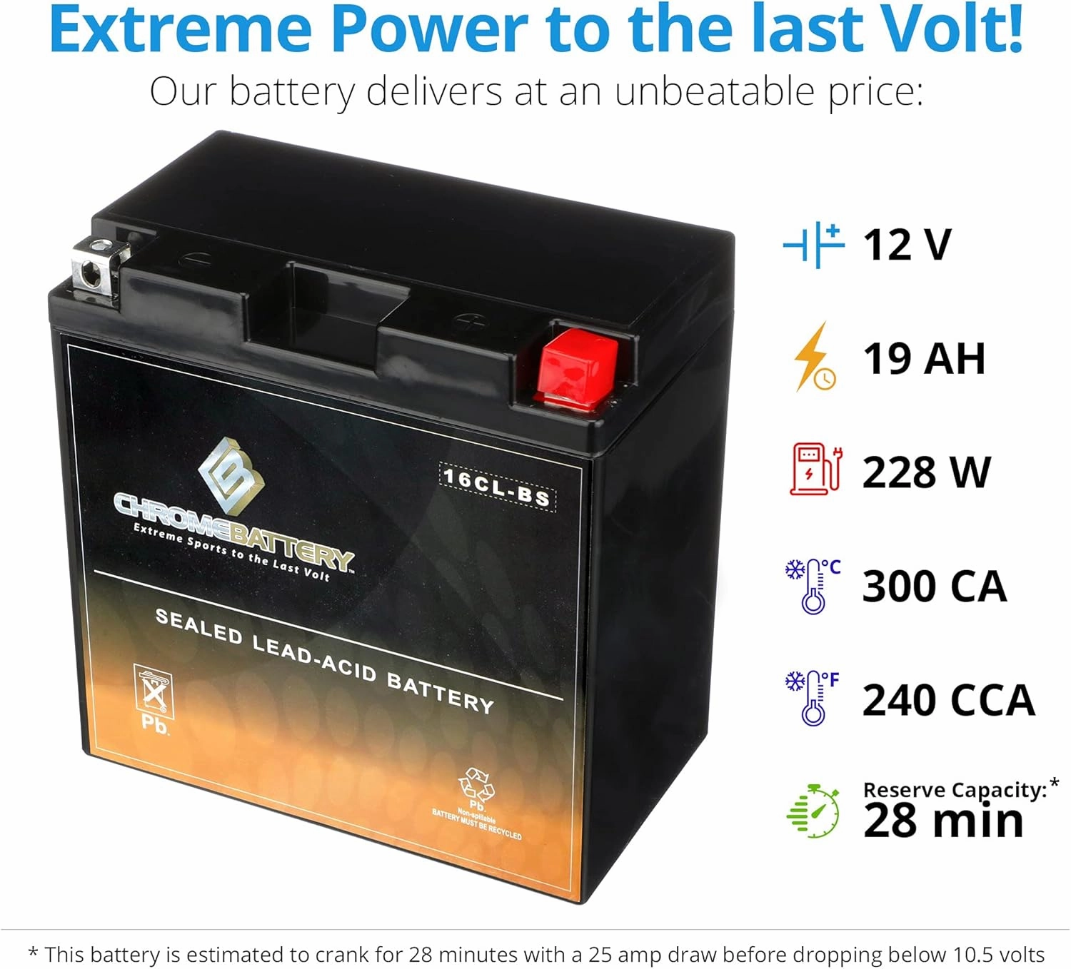 CB CHROMEBATTERY YB16CL-BS Maintenance-Free 12V 19Ah Battery Replacement for BRP SEA-DOO Jet Skis, and More - Nut and Bolt (T3) Terminal