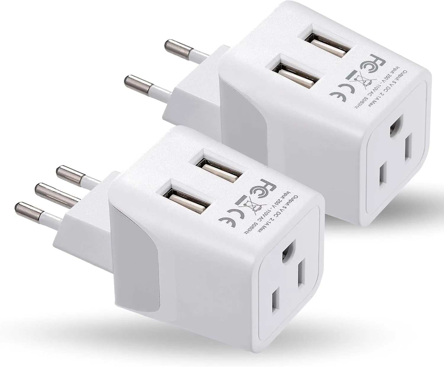 Ceptics Italy, Europe Travel Adapter Plug Set - 2 Pack - with 2 USB   USA Socket Input - Type L and Type C - Ultra Compact - Safe Grounded Perfect for Cell Phones, Laptops, Camera Chargers