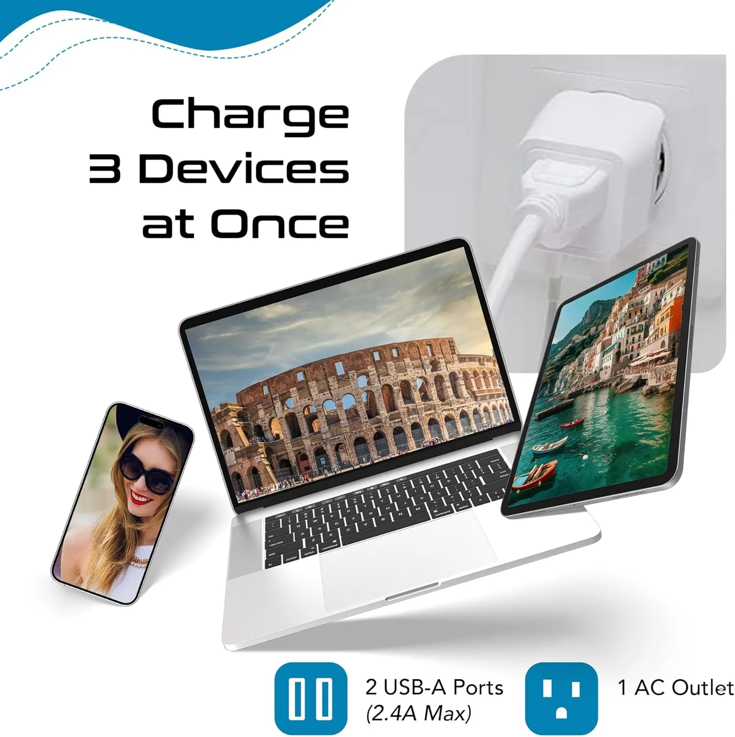 Ceptics Italy, Europe Travel Adapter Plug Set - 2 Pack - with 2 USB   USA Socket Input - Type L and Type C - Ultra Compact - Safe Grounded Perfect for Cell Phones, Laptops, Camera Chargers