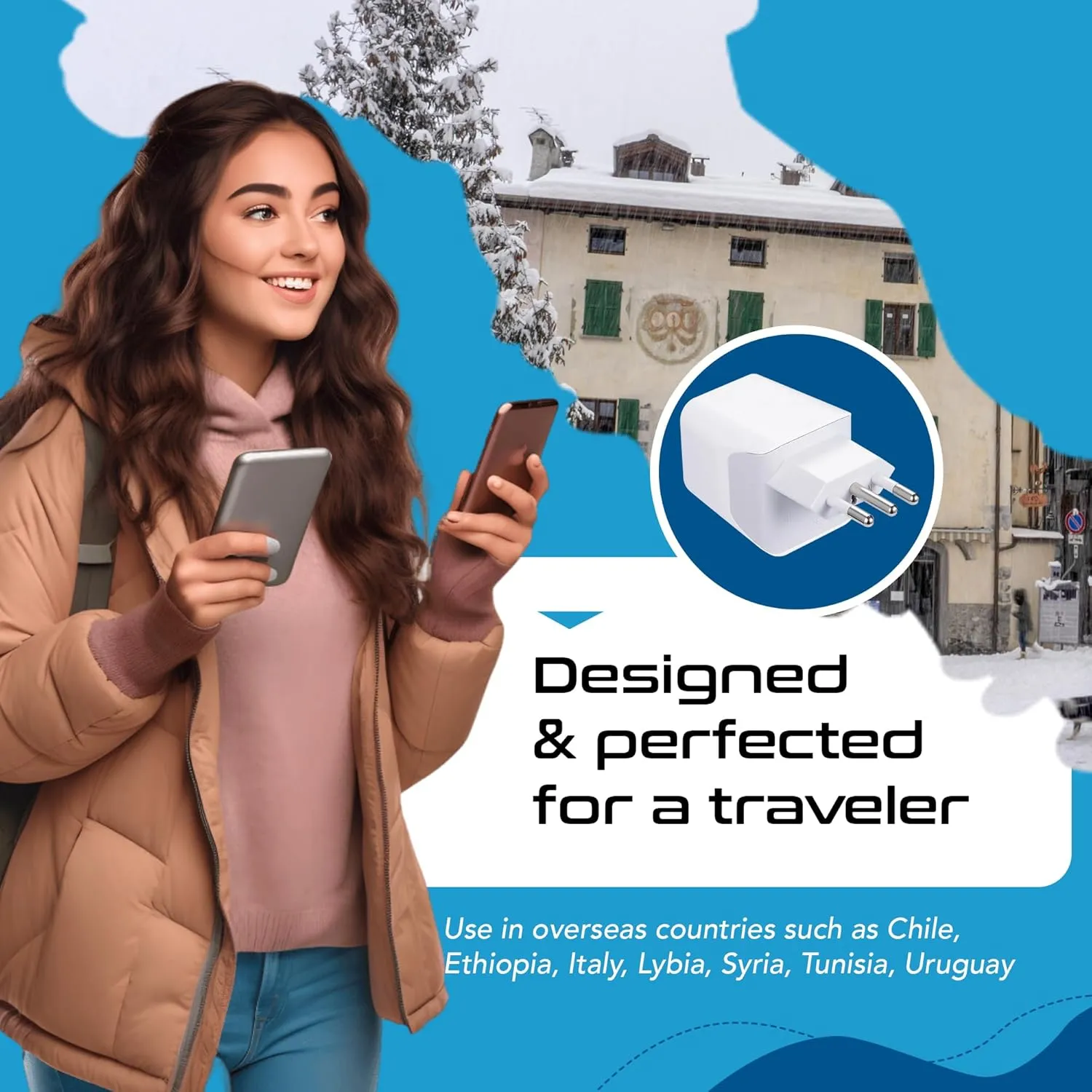 Ceptics Italy, Europe Travel Adapter Plug Set - 2 Pack - with 2 USB   USA Socket Input - Type L and Type C - Ultra Compact - Safe Grounded Perfect for Cell Phones, Laptops, Camera Chargers