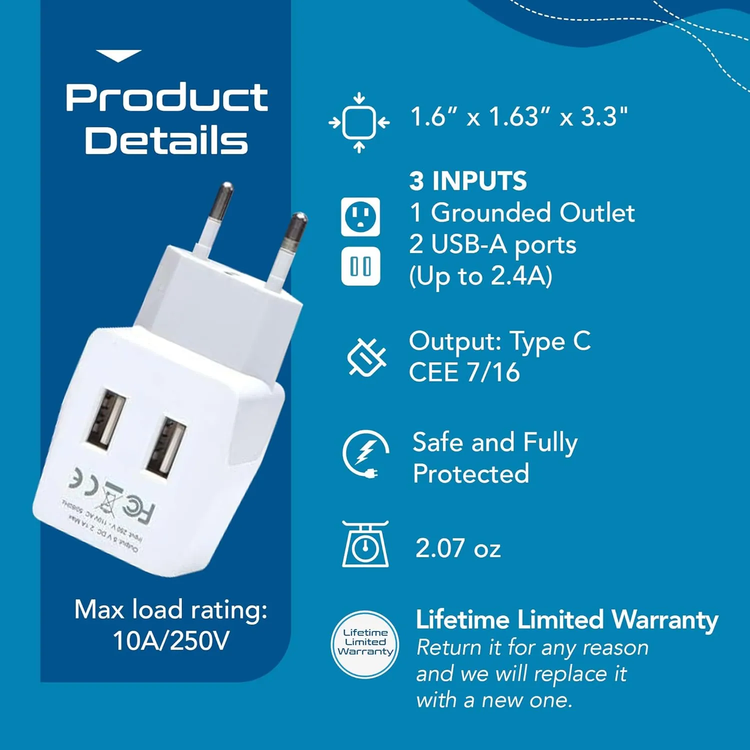 Ceptics Italy, Europe Travel Adapter Plug Set - 2 Pack - with 2 USB   USA Socket Input - Type L and Type C - Ultra Compact - Safe Grounded Perfect for Cell Phones, Laptops, Camera Chargers
