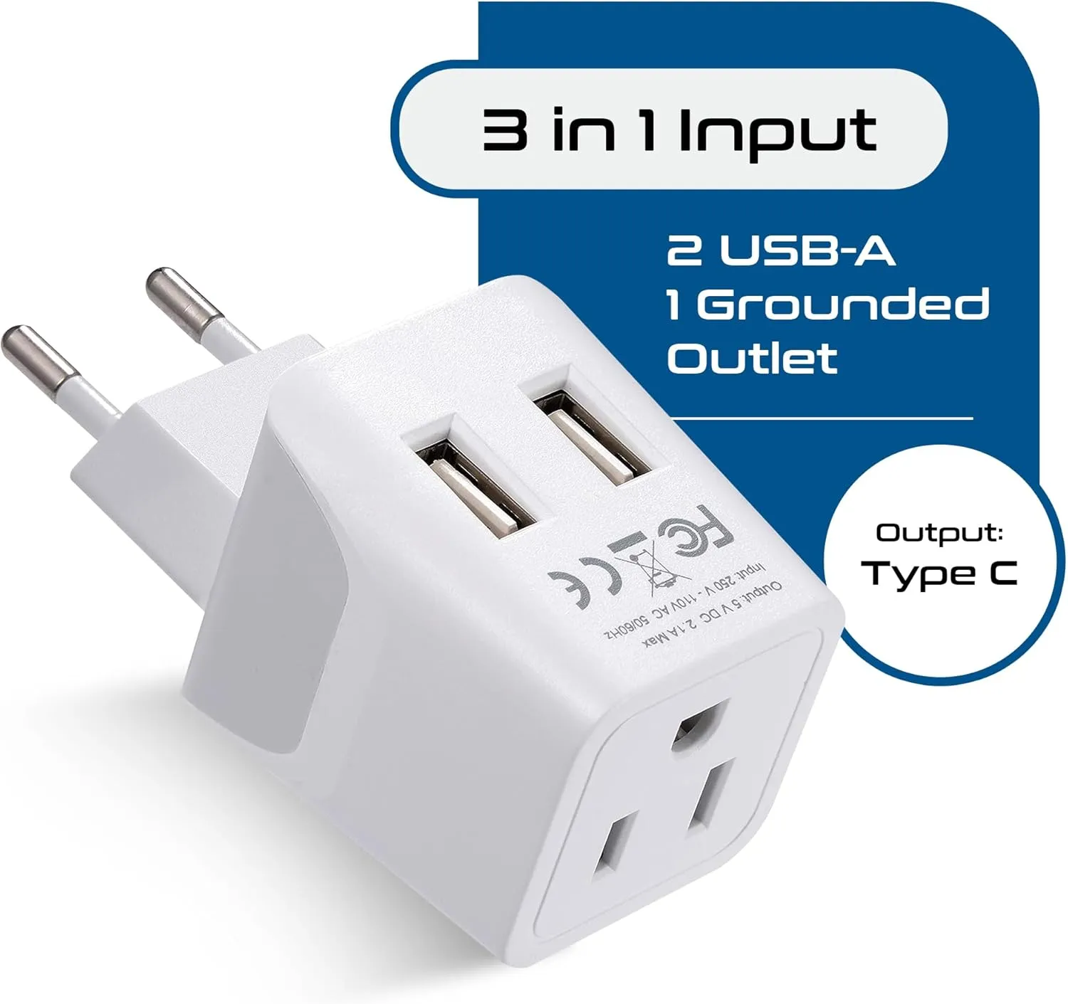 Ceptics Italy, Europe Travel Adapter Plug Set - 2 Pack - with 2 USB   USA Socket Input - Type L and Type C - Ultra Compact - Safe Grounded Perfect for Cell Phones, Laptops, Camera Chargers