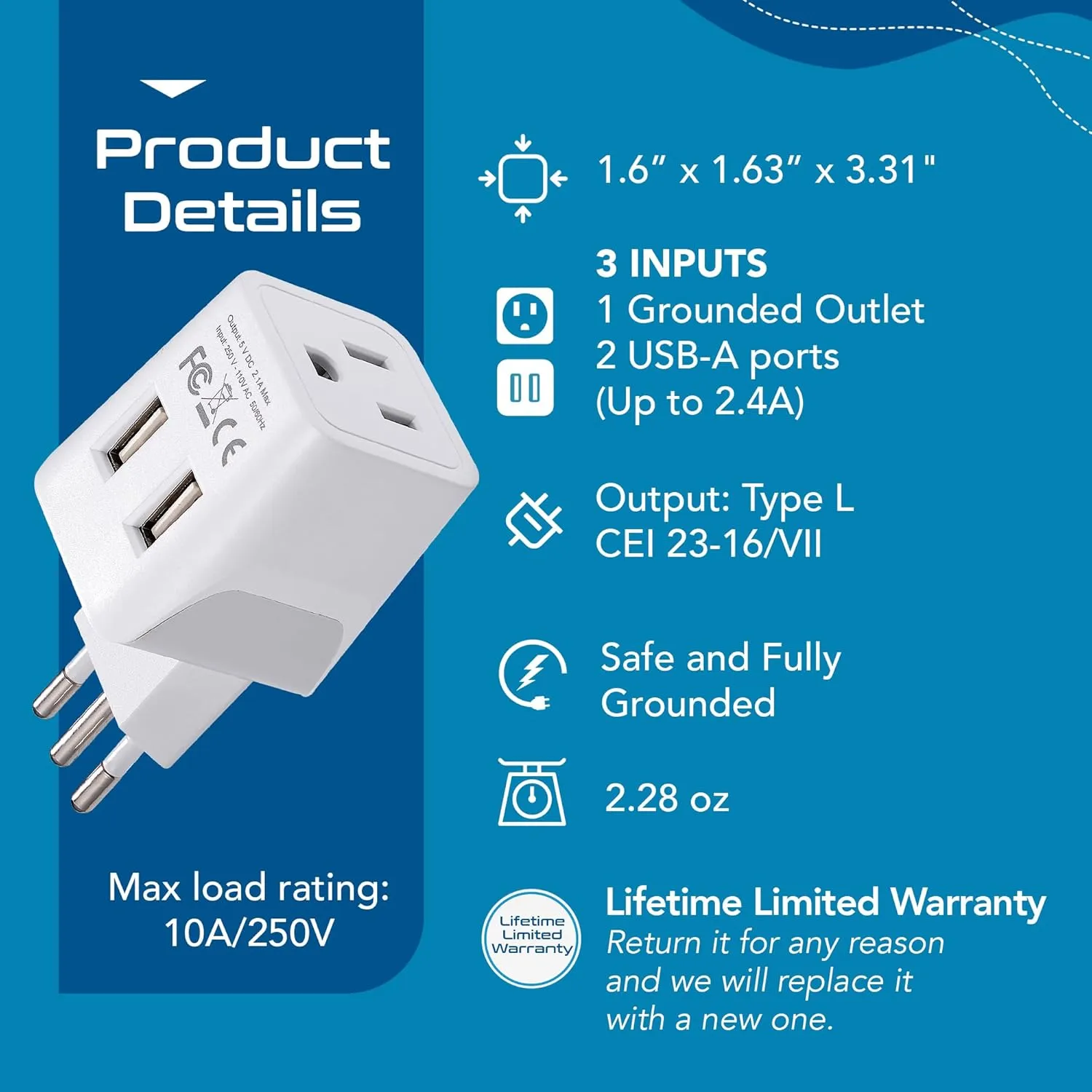 Ceptics Italy, Europe Travel Adapter Plug Set - 2 Pack - with 2 USB   USA Socket Input - Type L and Type C - Ultra Compact - Safe Grounded Perfect for Cell Phones, Laptops, Camera Chargers