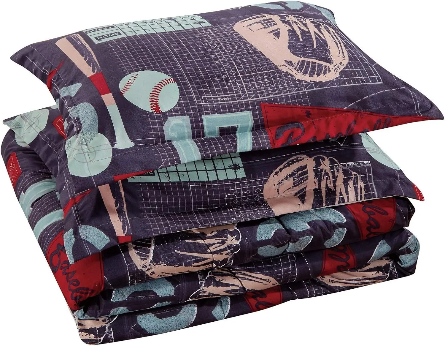 Chezmoi Collection 6-Piece Kids/Teens Sports Mini Bed in a Bag Full Size Comforter Set with Fitted Sheet - Soft Microfiber Gray Blue Red Teal Baseball