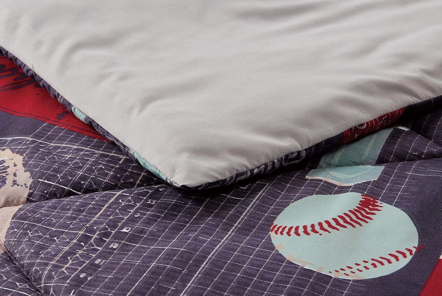 Chezmoi Collection 6-Piece Kids/Teens Sports Bed in a Bag Queen Size Comforter Set with Fitted Sheet - Soft Microfiber Gray Blue Red Teal Baseball