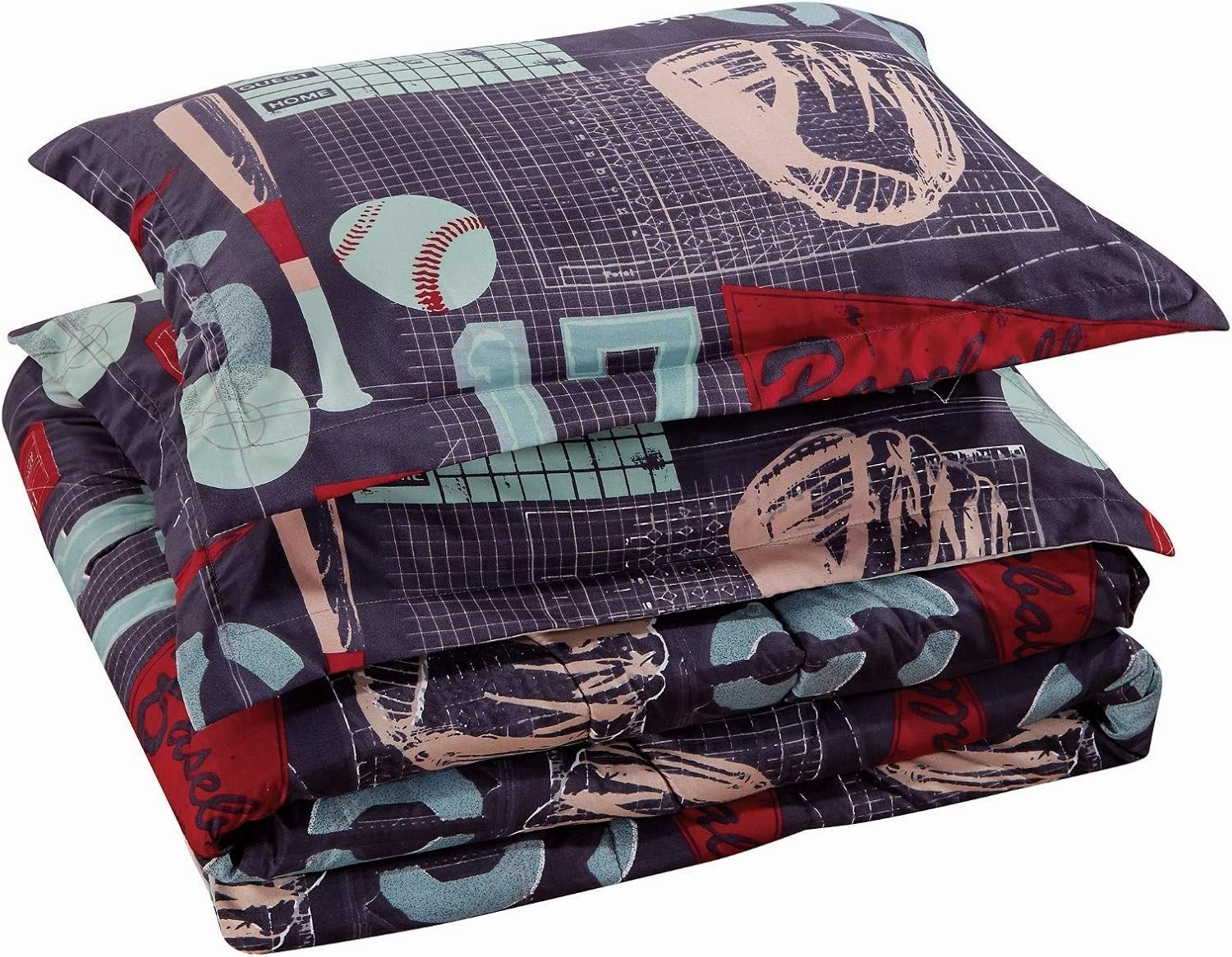 Chezmoi Collection 6-Piece Kids/Teens Sports Bed in a Bag Queen Size Comforter Set with Fitted Sheet - Soft Microfiber Gray Blue Red Teal Baseball