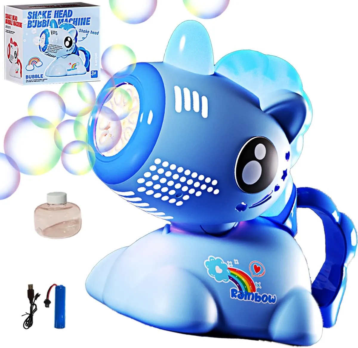 Children's Unicorn Shaking Head Bubble Machine, Automatic Bubble Blowing, with Rechargeable Battery and LED Light, Suitable for Outdoor Play by Children and Adults, Party Gift Bubble Gun Toy (Blue).