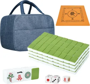 Chinese Green 1.17 inches Compact Mahjong Set, 144   8 Blank Melamine Tiles, with Portable Travel Handbag Complete Mahjong Game Set - (Majiang,中国麻将)