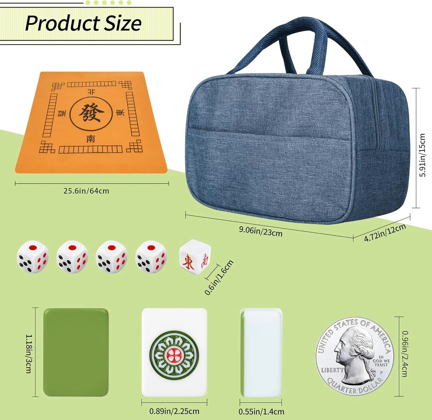 Chinese Green 1.17 inches Compact Mahjong Set, 144   8 Blank Melamine Tiles, with Portable Travel Handbag Complete Mahjong Game Set - (Majiang,中国麻将)