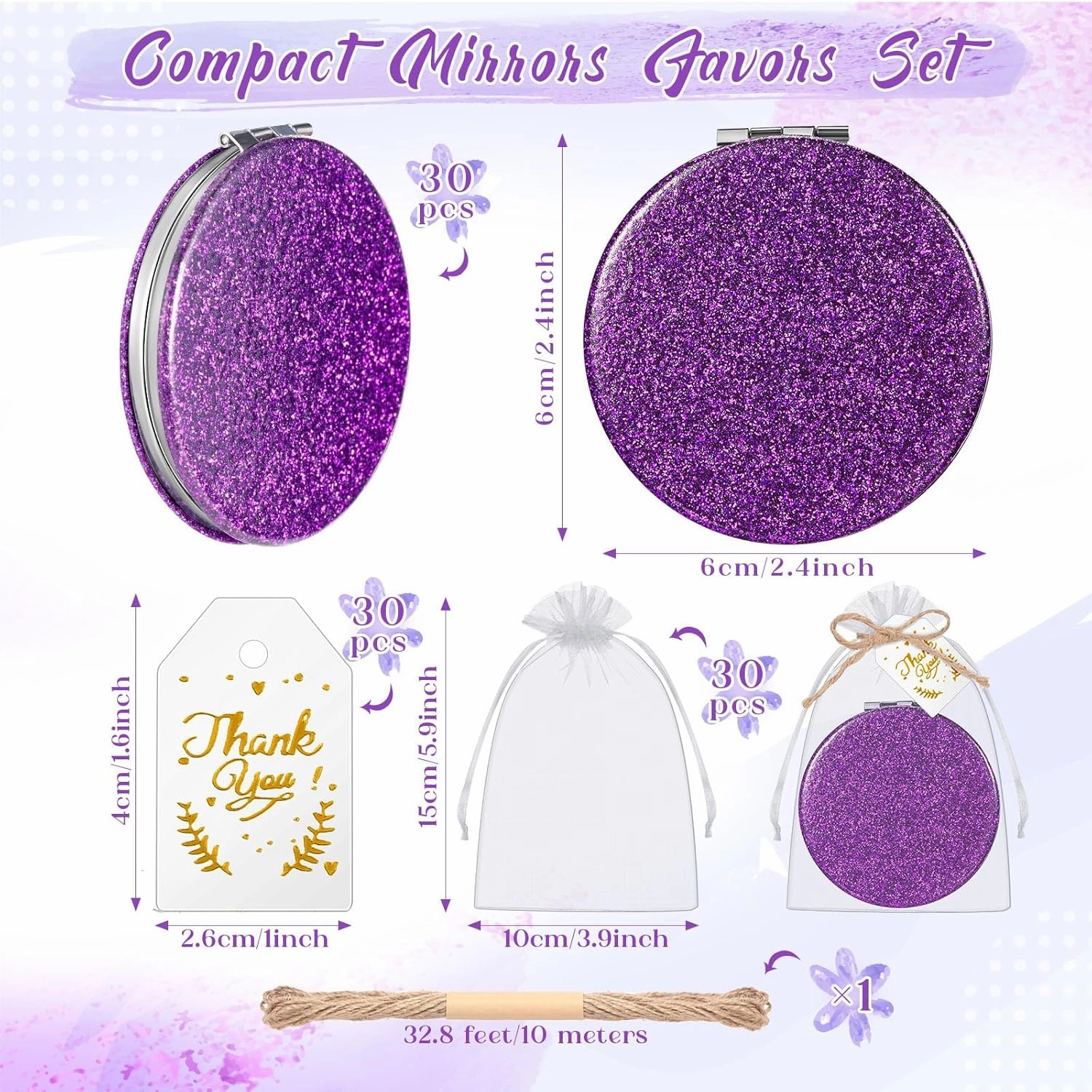 Chunful 30 Sets Compact Magnifying Mirrors Gifts with Thank You Card and Rope Quinceanera Party Favors for Guests Bridal Shower Wedding Souvenir Bridesmaids Mother's Day(Purple)