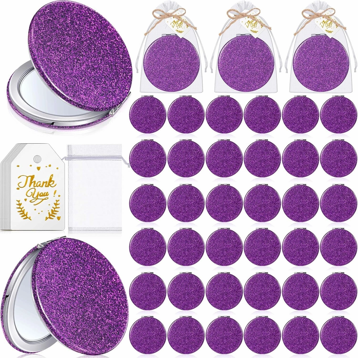 Chunful 30 Sets Compact Magnifying Mirrors Gifts with Thank You Card and Rope Quinceanera Party Favors for Guests Bridal Shower Wedding Souvenir Bridesmaids Mother's Day(Purple)