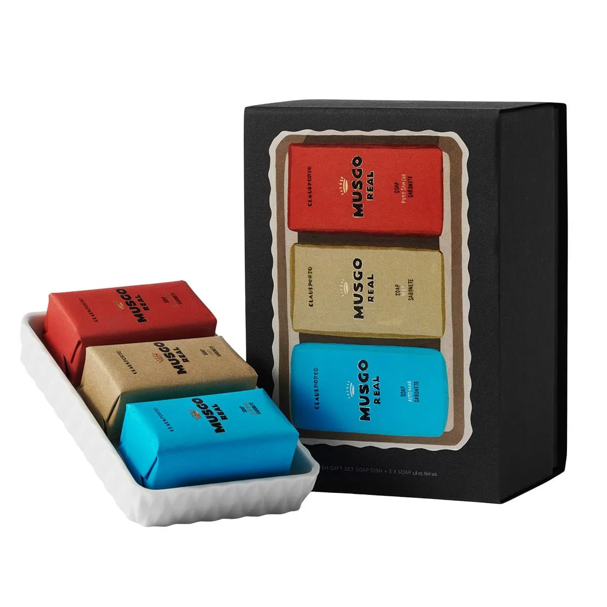 Claus Porto - Musgo Real 3 Mini Soaps   Soap Dish Gift Set | Rich, Smooth, Creamy Hand Soap | Handcrafted, Aromatic, Luxurious, House Warming Gift (50g each)