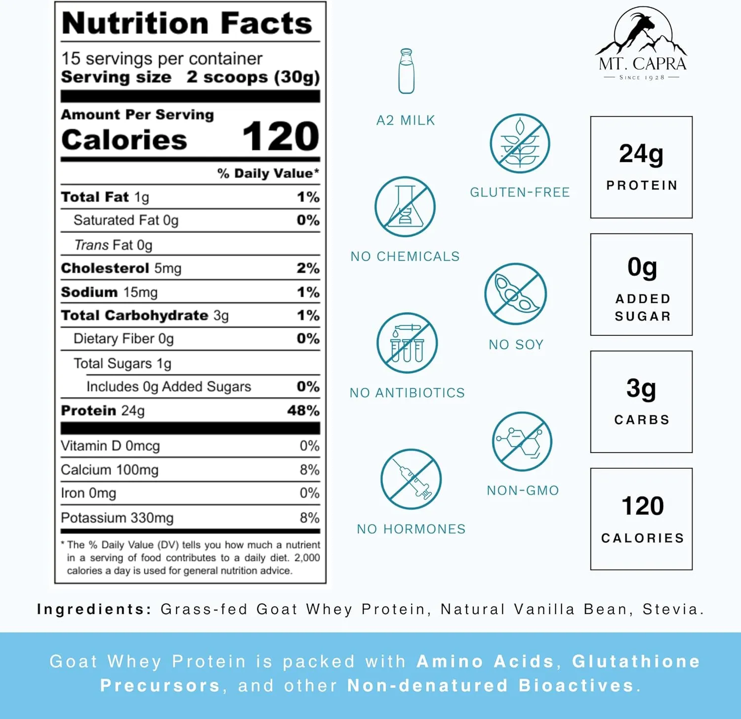 Clean Whey Protein | Grass-Fed Undenatured Goat Whey Protein Powder | 24 g Protein Per Serving, All Natural, Non-GMO, High in Branch Chain Amino Acids | Vanilla Bean | 15 Servings - 16 oz