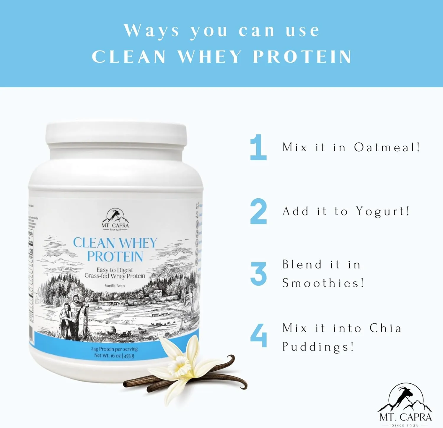 Clean Whey Protein | Grass-Fed Undenatured Goat Whey Protein Powder | 24 g Protein Per Serving, All Natural, Non-GMO, High in Branch Chain Amino Acids | Vanilla Bean | 15 Servings - 16 oz