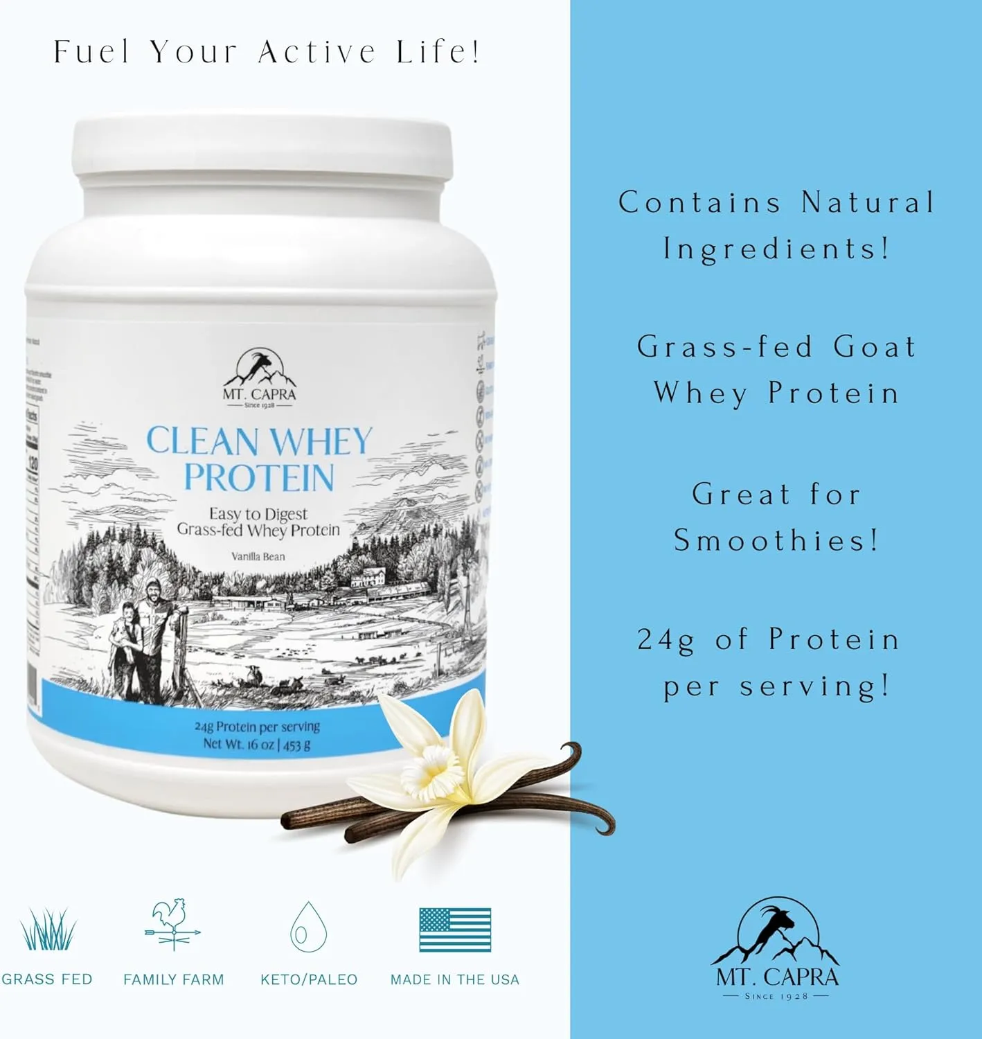 Clean Whey Protein | Grass-Fed Undenatured Goat Whey Protein Powder | 24 g Protein Per Serving, All Natural, Non-GMO, High in Branch Chain Amino Acids | Vanilla Bean | 15 Servings - 16 oz