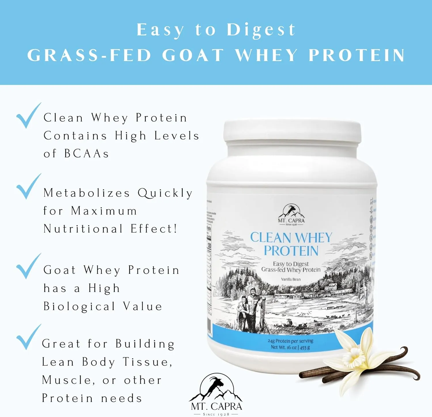 Clean Whey Protein | Grass-Fed Undenatured Goat Whey Protein Powder | 24 g Protein Per Serving, All Natural, Non-GMO, High in Branch Chain Amino Acids | Vanilla Bean | 15 Servings - 16 oz