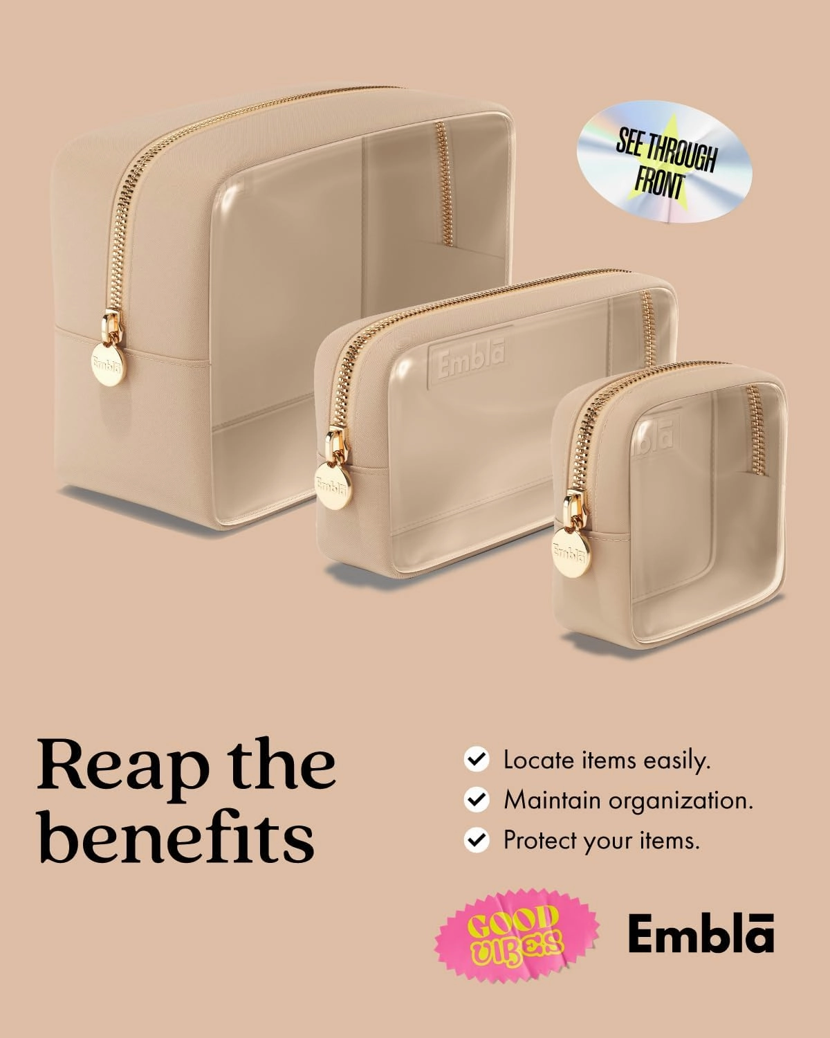 Clear Cosmetic Bags Set of 3, Mini Small Large Makeup Bags For Women Clear Pouch Cosmetics Cases Zipper Cute Pouches Make Up Travel Toiletry Essentials Preppy Purse Organizer Makeup Cases, Sand