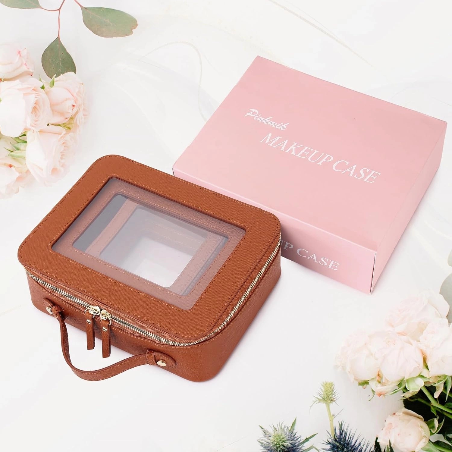 Clear Makeup Bag Waterproof Travel Case for Cosmetics and Toiletries Women's Purse Organizer and Clear Car Bag with Zipper (X/Brown, L M MINI)