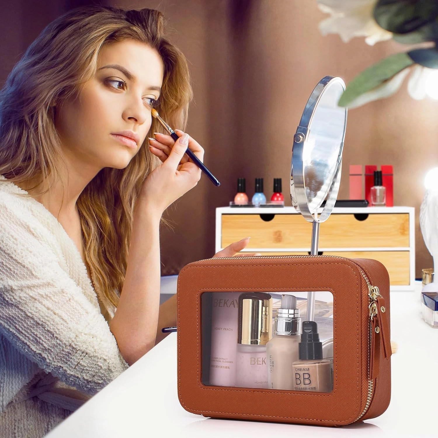 Clear Makeup Bag Waterproof Travel Case for Cosmetics and Toiletries Women's Purse Organizer and Clear Car Bag with Zipper (X/Brown, L M MINI)