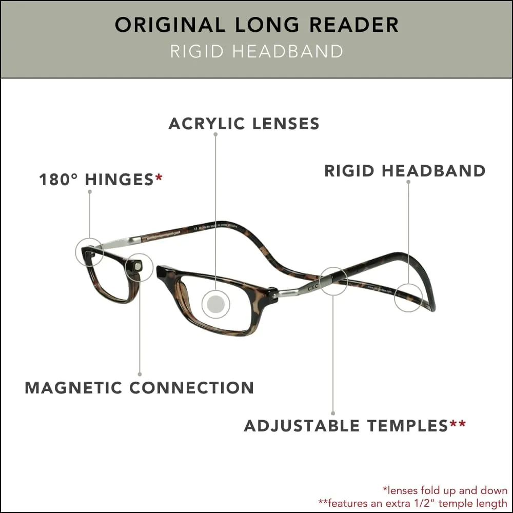 CliC Magnetic Reading Glasses, Computer Readers, Replaceable Lens, Original Long, (M-L, Tortoise, 1.25 Magnification)