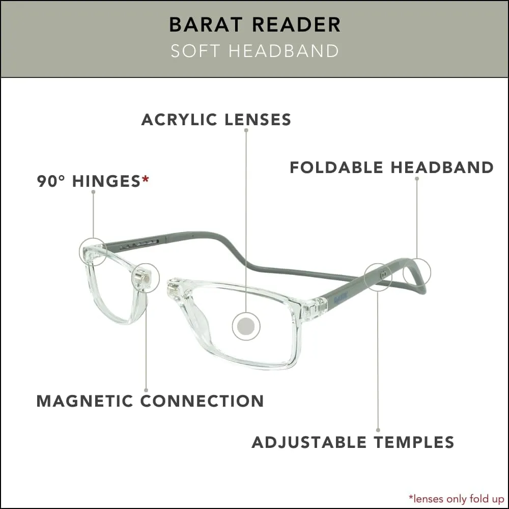 Clic Magnetic Reading Glasses for Men or Women, Soft Foldable Band, Computer Readers, Barat (S-XL)