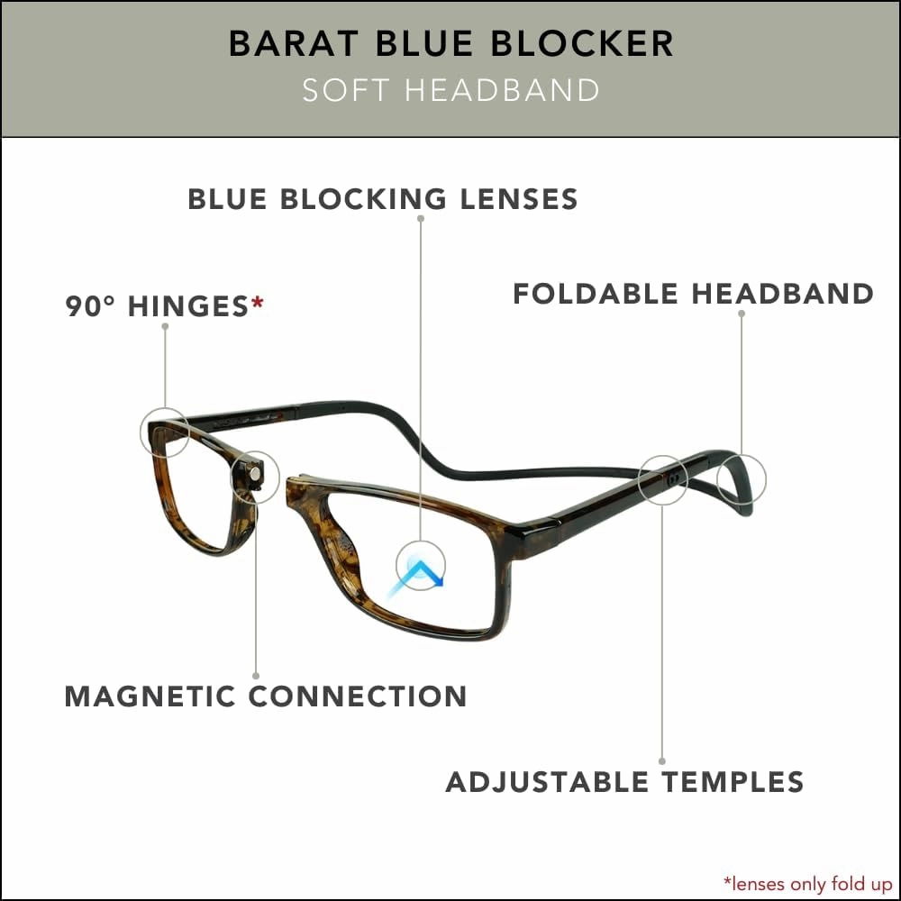 Clic Blue Light Blocking Magnetic Reading Glasses for Men or Women by Slastik, Soft Foldable Band, Computer Readers, Barat
