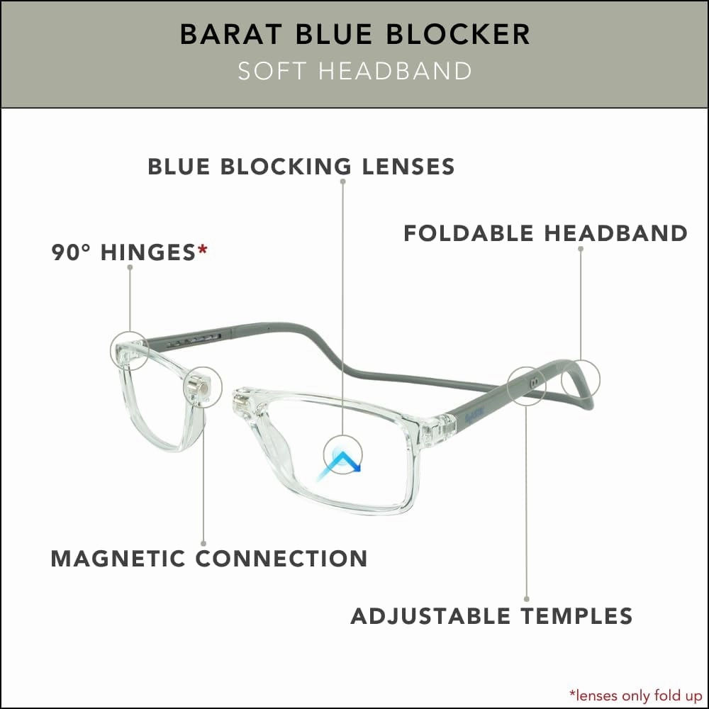 Clic Blue Light Blocking Magnetic Reading Glasses for Men or Women by Slastik, Soft Foldable Band, Computer Readers, Barat