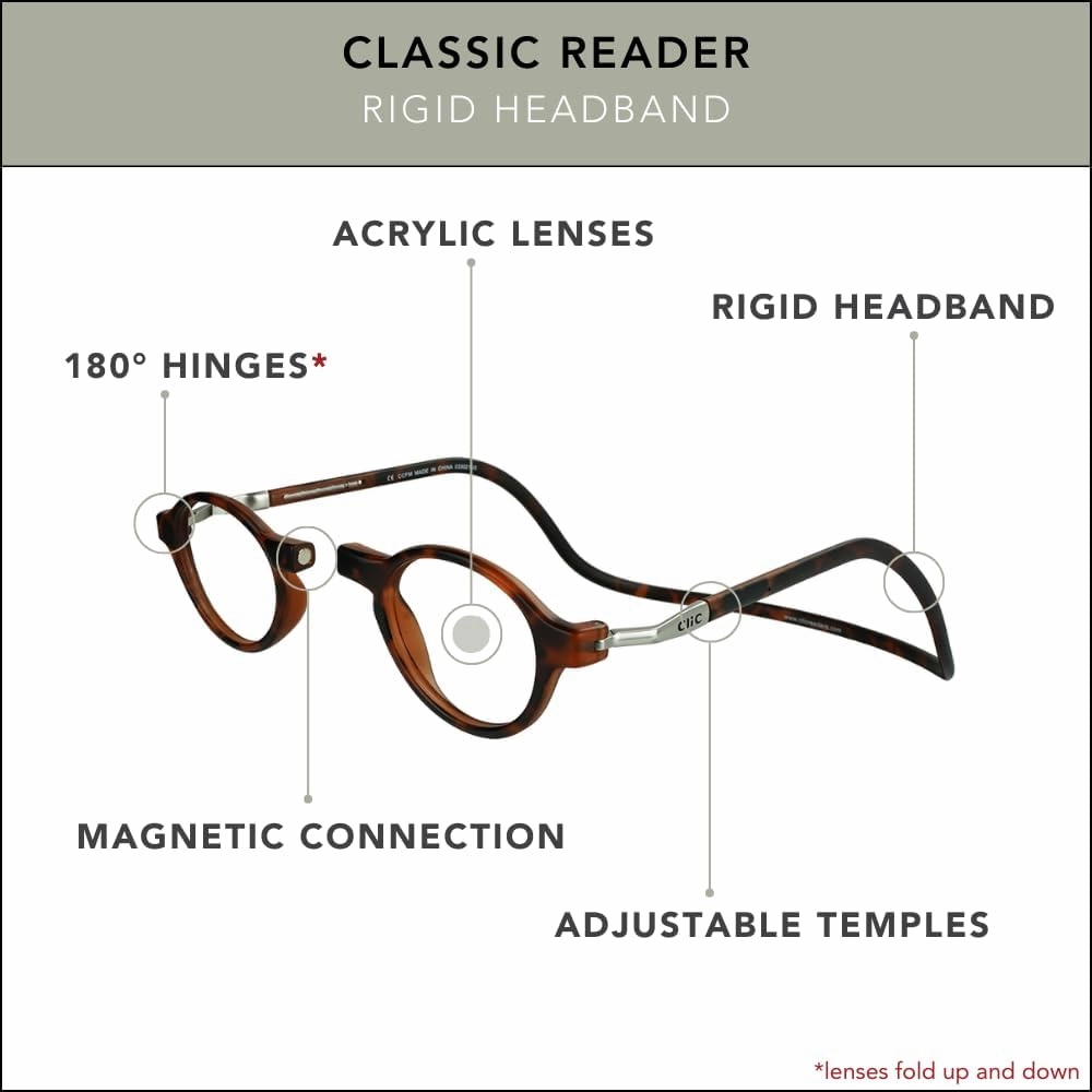 Clic Magnetic Reading Glasses for Men or Women, Computer Readers, Classic (S-M, Matte Tortoise, 2.50 Magnification)