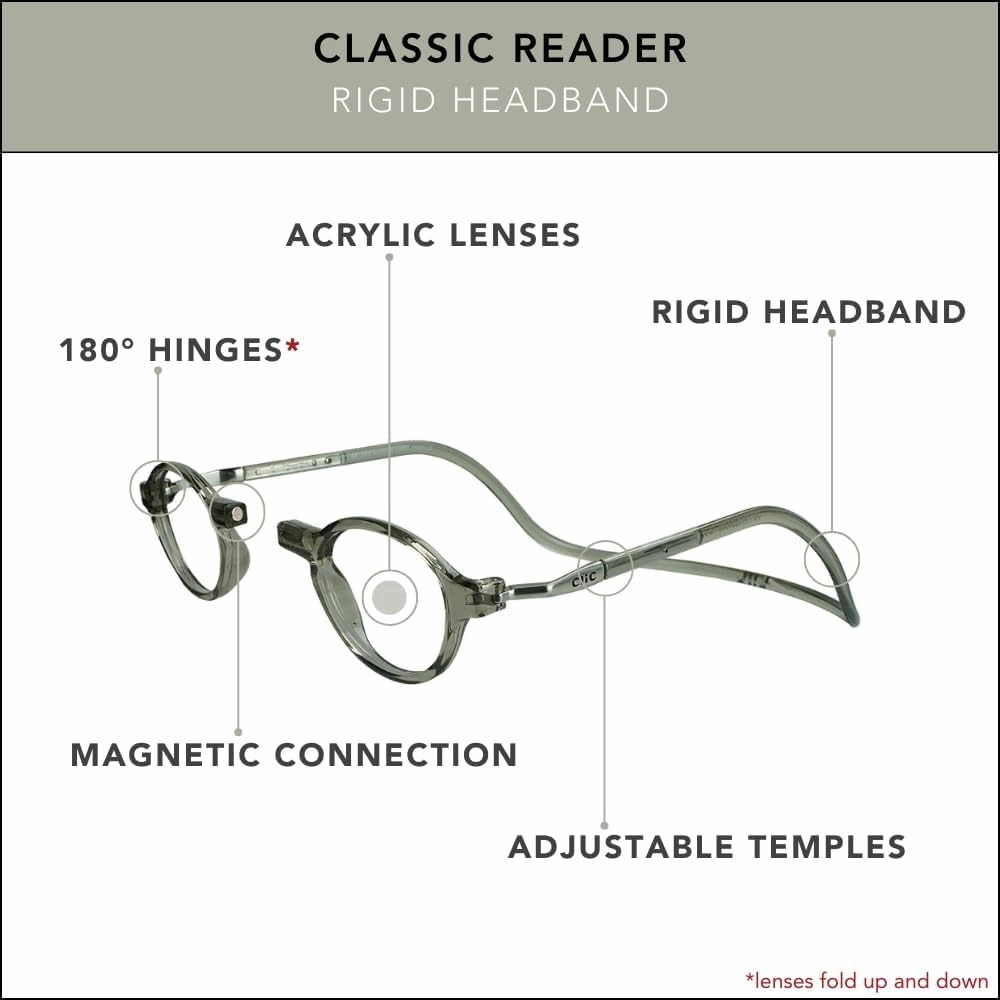 Clic Magnetic Reading Glasses for Men or Women, Computer Readers, Classic (S-M, Smoke, 1.25 Magnification)