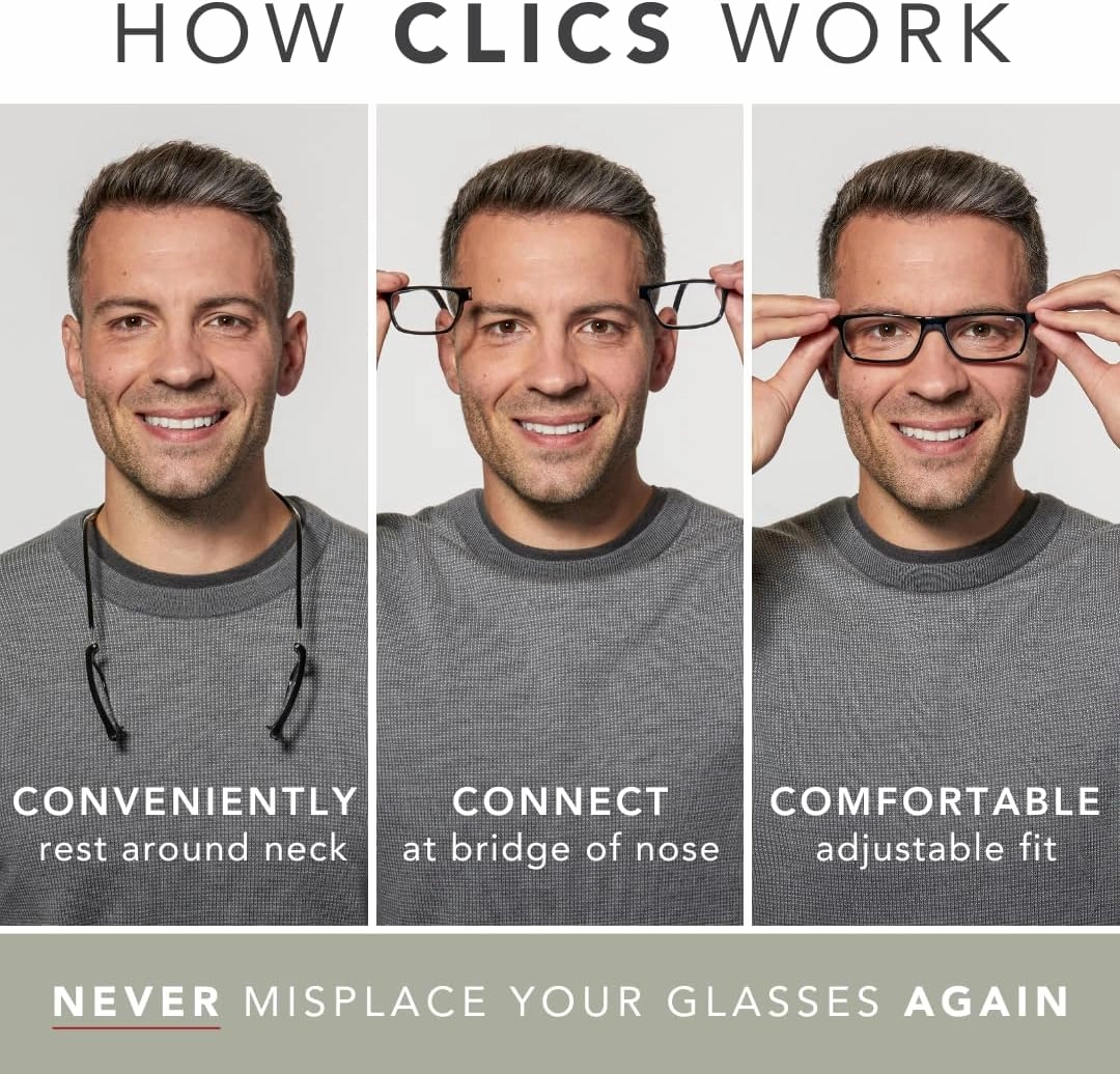 Clic Magnetic Reading Glasses for Men or Women, Computer Readers, Original Expandable (M-XL, Clear, 1.25 Magnification)