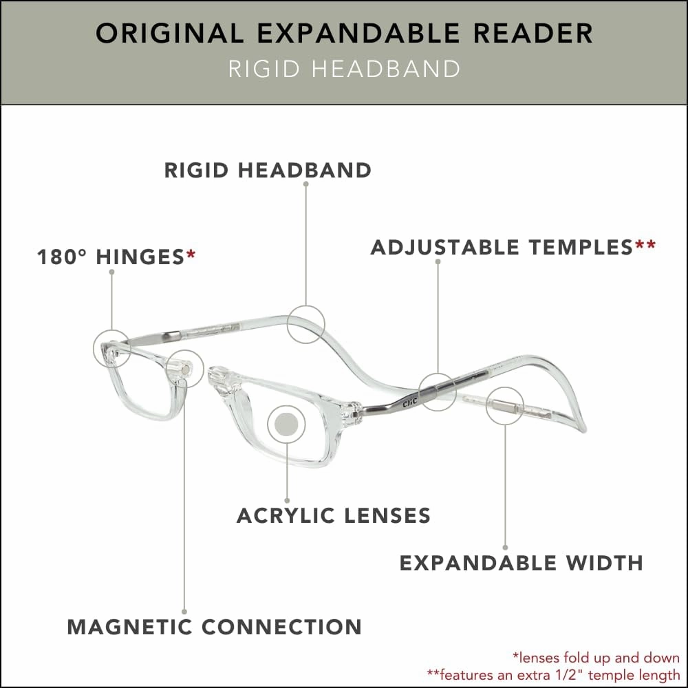 Clic Magnetic Reading Glasses for Men or Women, Computer Readers, Original Expandable (M-XL, Clear, 1.25 Magnification)