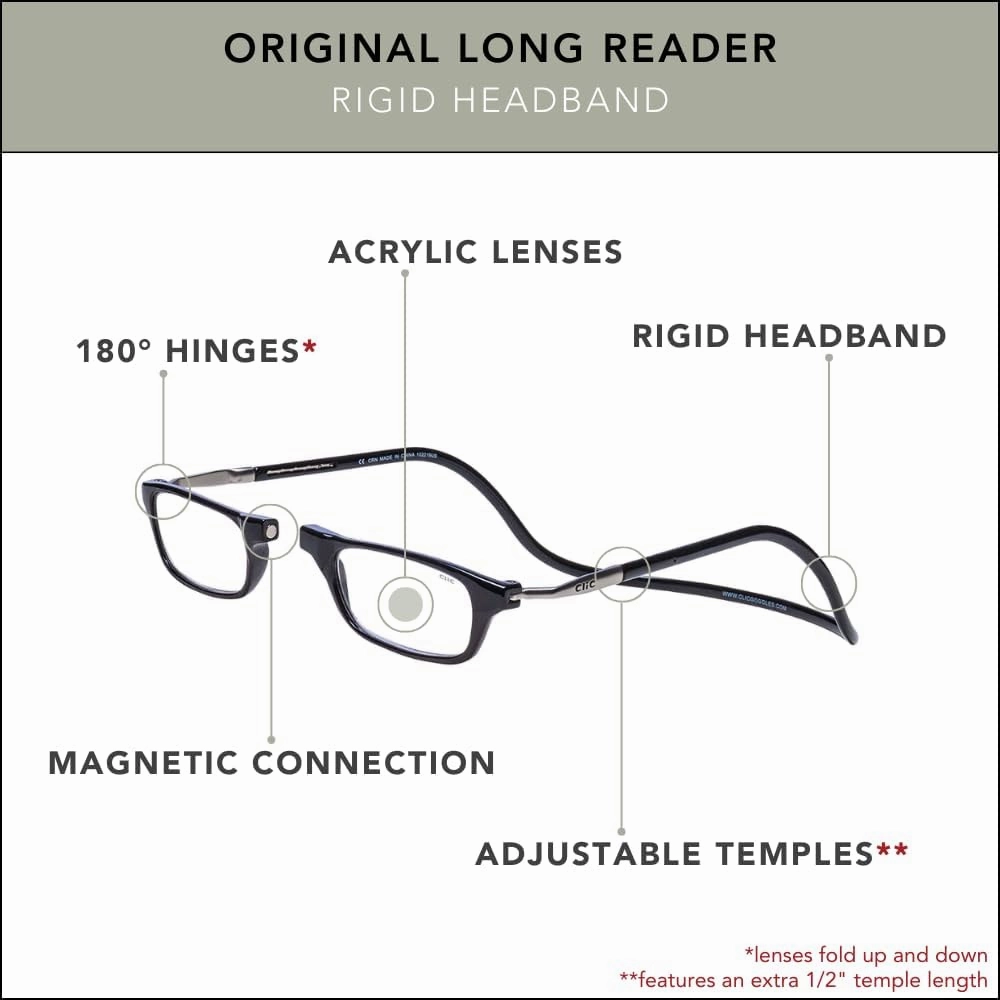 Clic Magnetic Reading Glasses for Men or Women, Computer Readers, Original Long (M-L, Black, 2.00 Magnification)