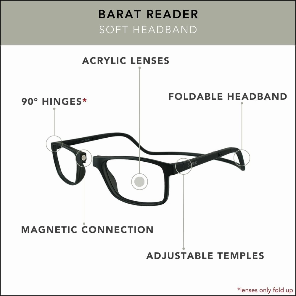 Clic Magnetic Reading Glasses for Men or Women, Soft Foldable Band, Computer Readers, Barat (S-XL)