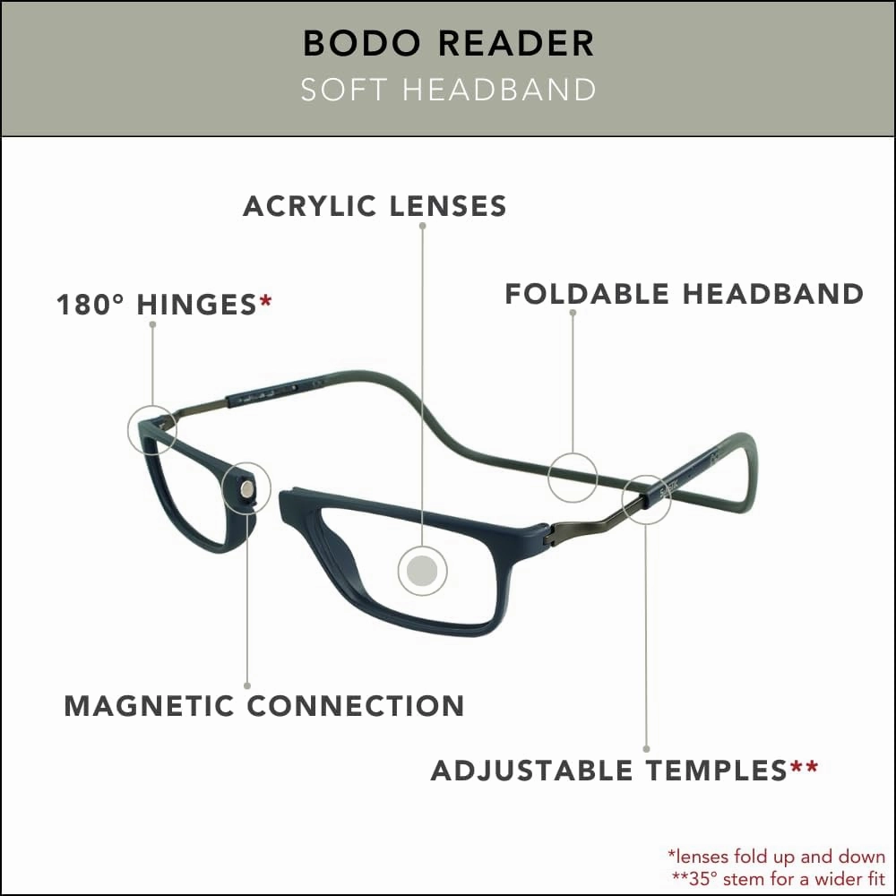 Clic Magnetic Reading Glasses for Men or Women, Soft Foldable Band, Computer Readers, Bodo (XL-XXL)