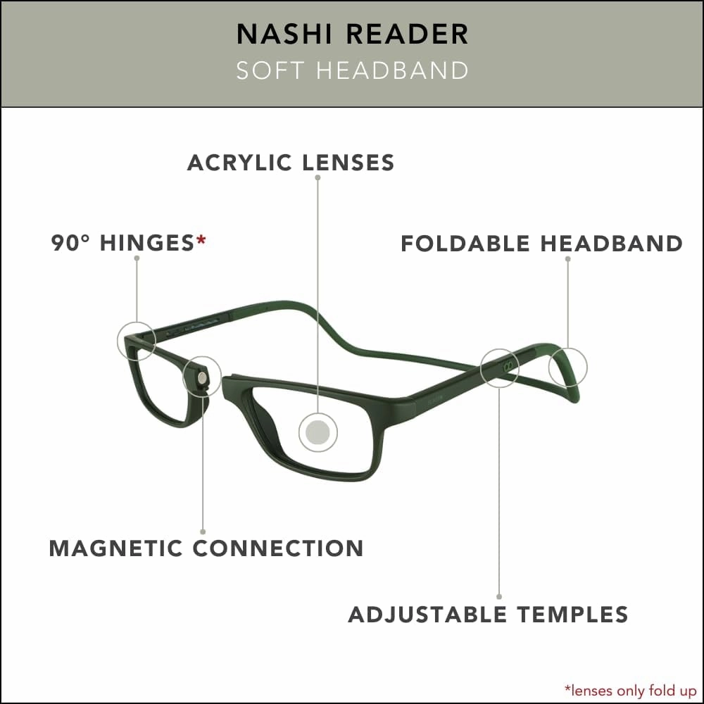 Clic Magnetic Reading Glasses for Men or Women, Soft Foldable Band, Computer Readers, Nashi (S-XL)