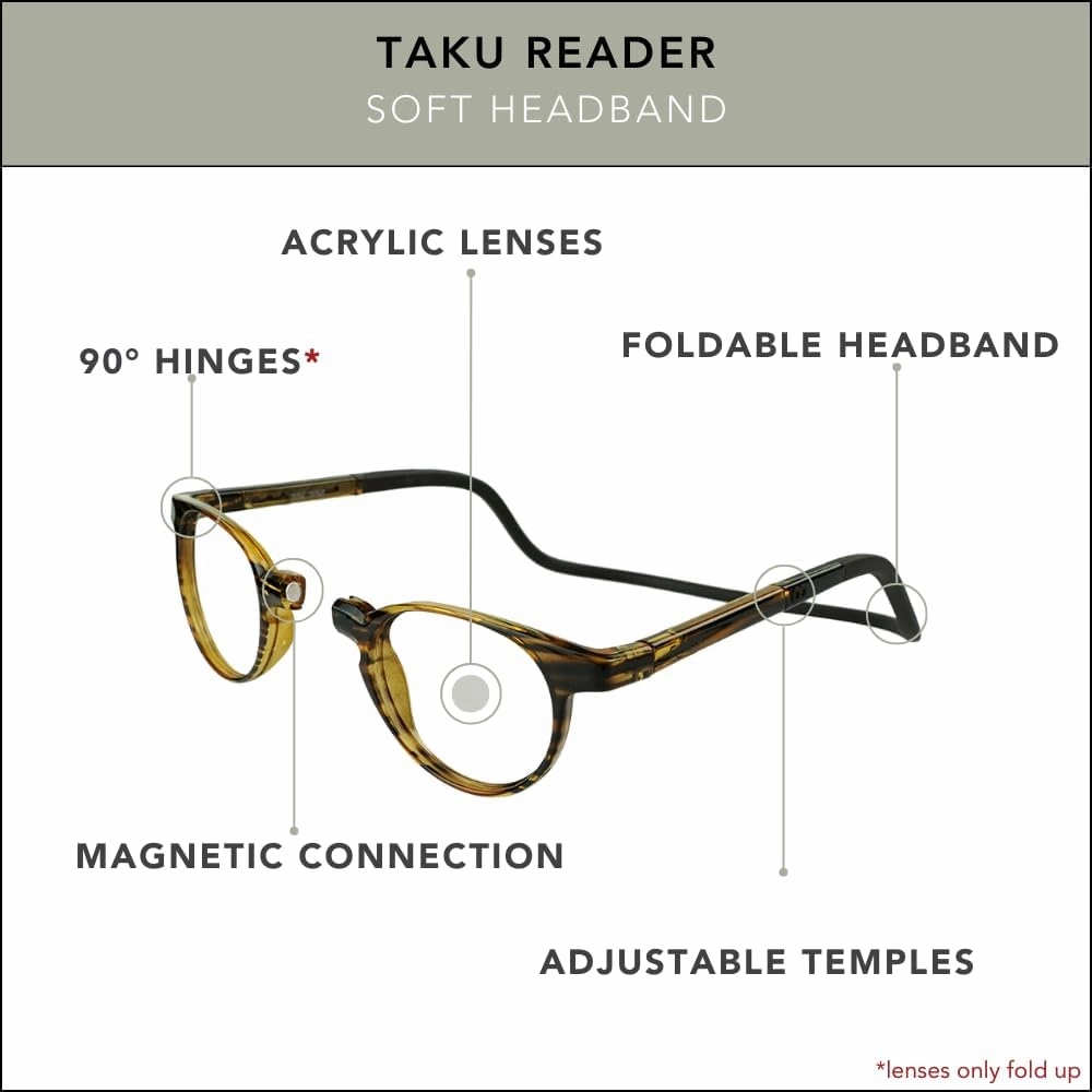Clic Magnetic Reading Glasses for Men or Women, Soft Foldable Band, Computer Readers, Taku (S-XL)