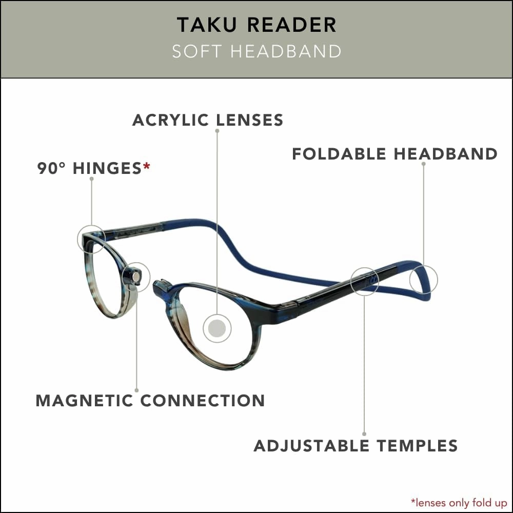 Clic Magnetic Reading Glasses for Men or Women, Soft Foldable Band, Computer Readers, Taku (S-XL)