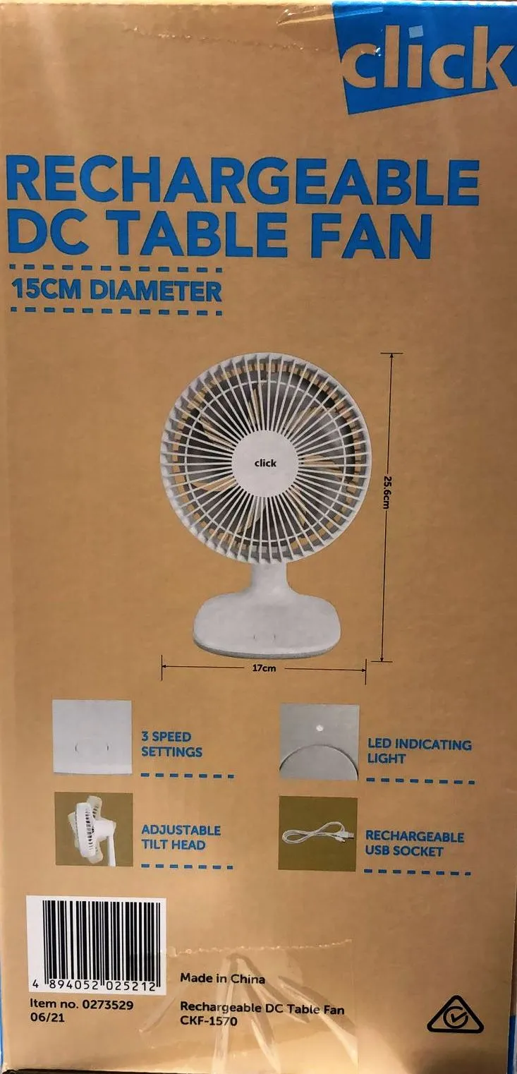 Click 15cm White Rechargeable Desk Fan CKF-1570