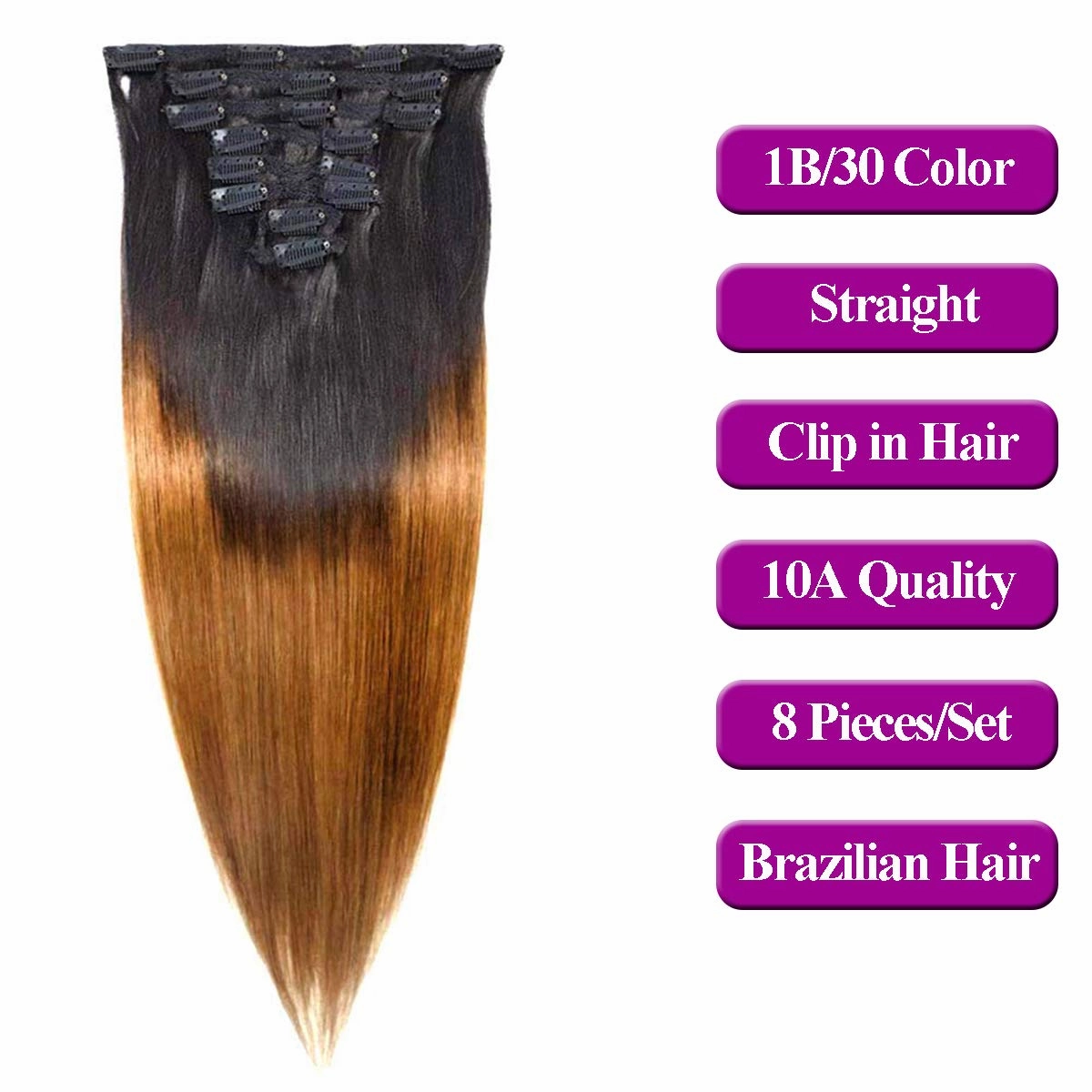 Clip in Hair Extensions Remy Human Hair Ombre Brown T30 Colored Straight Hair Silky Thick Real 100% Human Hair For Black Women Virgin Hair 8Pcs Total of 18 Clips 120g 1B/30 Straight (14 inches)