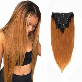 Clip in Hair Extensions Remy Human Hair Ombre Brown T30 Colored Straight Hair Silky Thick Real 100% Human Hair For Black Women Virgin Hair 8Pcs Total of 18 Clips 120g 1B/30 Straight (14 inches)