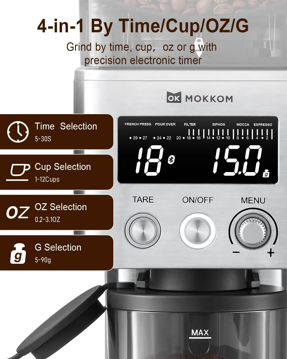 Coffee Grinder with Removable Coffee Scale via Bluetooth Connectivity, Anti-static Conical Burr Coffee Bean Grinder, 31 Precise Settings for French Press/Cold Brew/Pour Over/Drip/Espresso