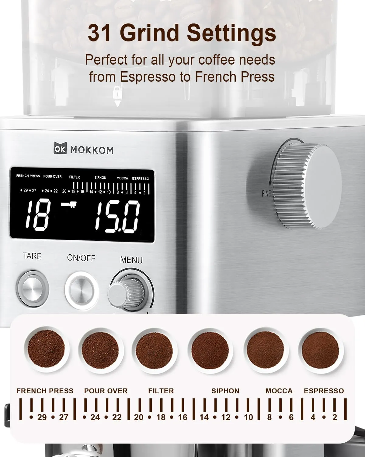 Coffee Grinder with Removable Coffee Scale via Bluetooth Connectivity, Anti-static Conical Burr Coffee Bean Grinder, 31 Precise Settings for French Press/Cold Brew/Pour Over/Drip/Espresso